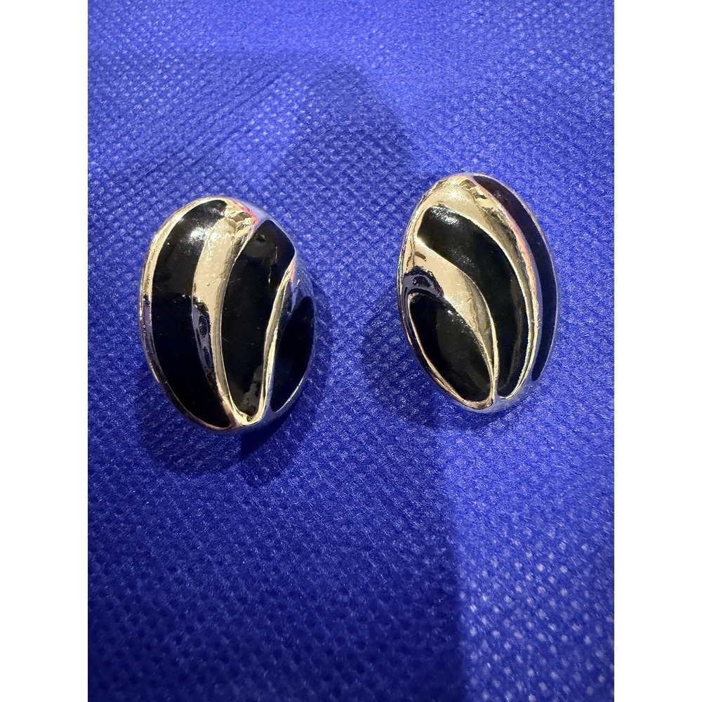 Vtg 90s Gold Tone Black Enamel Oval Stud Earrings Women Statement Modernist Boho